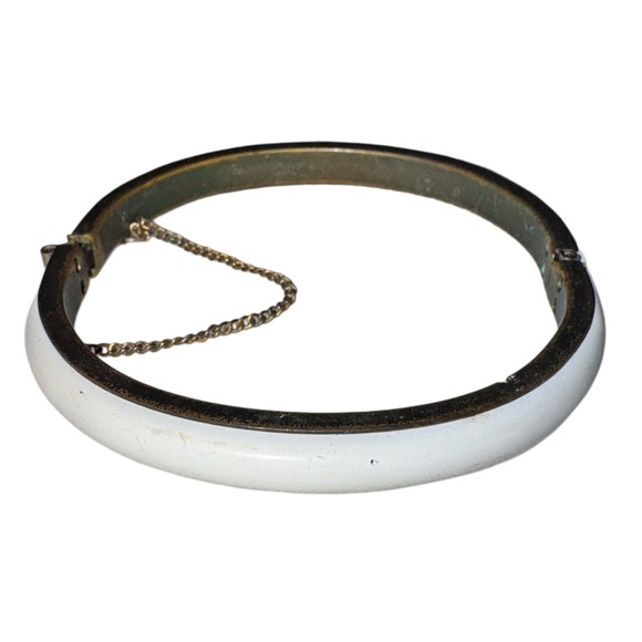 vintage Jewelry - VTG- Citca 1960s Bone White Enamel on Antique Gold Bracelet w/ security chain